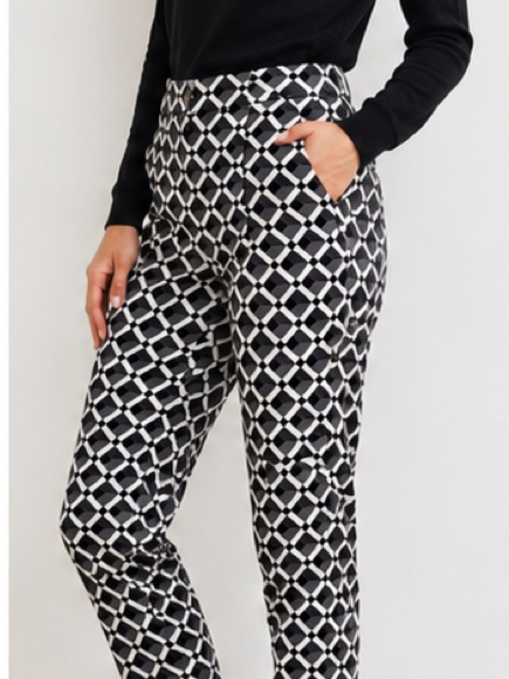 MAC Anna Zip Black & White Geometric Slim trousers with piping seams